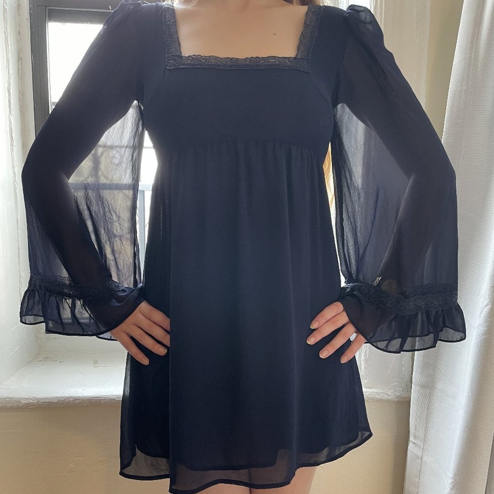 Nightgown-inspired semi formal navy dress